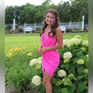 Hot Pink High-Low Strapless Deep-V dress